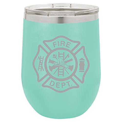 12 oz Double Wall Vacuum Insulated Stainless Steel Stemless Wine Tumbler Glass Coffee Travel Mug With Lid Fire Department Maltese Cross (Teal)