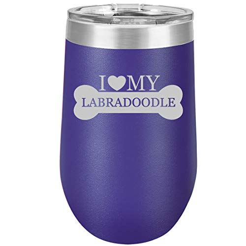 16 oz Double Wall Vacuum Insulated Stainless Steel Stemless Wine Tumbler Glass Coffee Travel Mug With Lid I Love My Labradoodle (Purple)