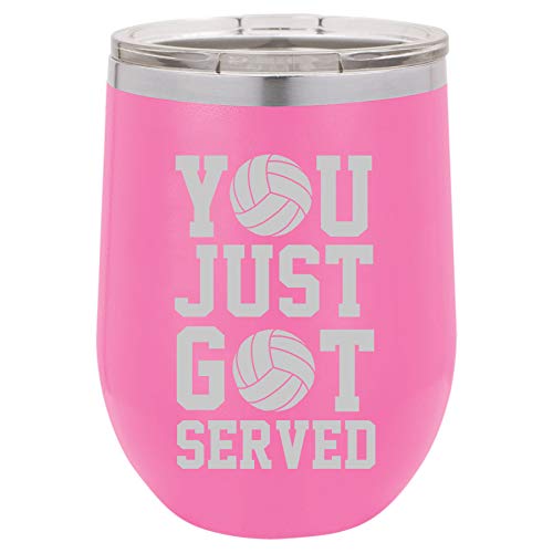 12 oz Double Wall Vacuum Insulated Stainless Steel Stemless Wine Tumbler Glass Coffee Travel Mug With Lid You Just Got Served Volleyball (Hot-Pink)