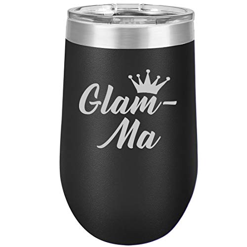 16 oz Double Wall Vacuum Insulated Stainless Steel Stemless Wine Tumbler Glass Coffee Travel Mug With Lid Glam-Ma Mom Mother Grandmother Grandma (Black)