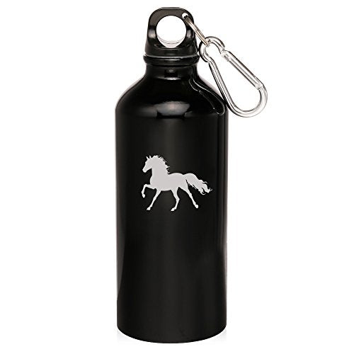 20oz Aluminum Sports Water Bottle Caribiner Clip Horse (Black)
