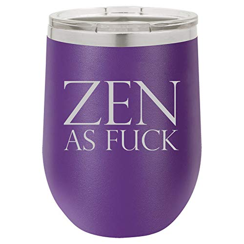 12 oz Double Wall Vacuum Insulated Stainless Steel Stemless Wine Tumbler Glass Coffee Travel Mug With Lid Zen As Fck AF Funny (Purple)