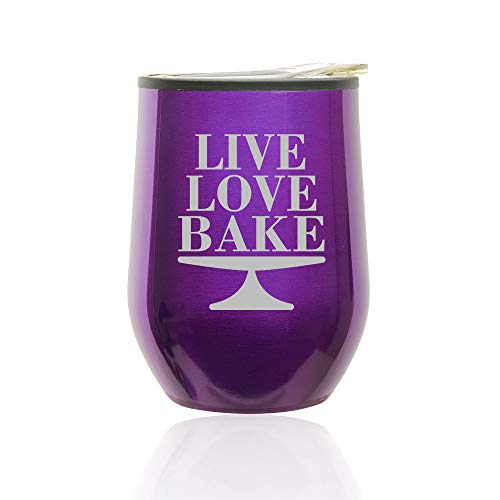 Stemless Wine Tumbler Coffee Travel Mug Glass With Lid Live Love Bake (Royal Purple)