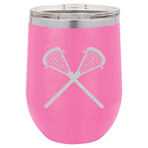 12 oz Double Wall Vacuum Insulated Stainless Steel Stemless Wine Tumbler Glass Coffee Travel Mug With Lid Lacrosse Sticks (Hot-Pink)