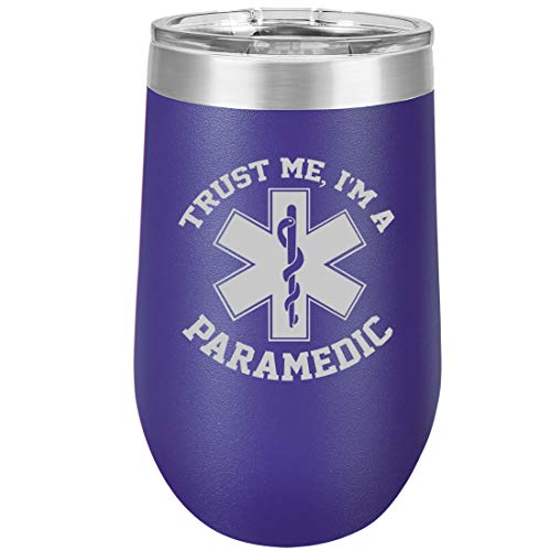 16 oz Double Wall Vacuum Insulated Stainless Steel Stemless Wine Tumbler Glass Coffee Travel Mug With Lid Trust Me I'm A Paramedic (Purple)