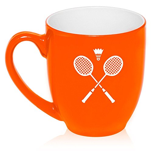 16 oz Large Bistro Mug Ceramic Coffee Tea Glass Cup Crossed Badminton Rackets Shuttlecock (Orange)