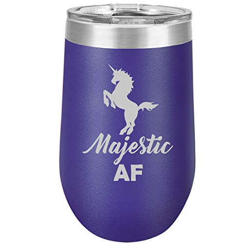 16 oz Double Wall Vacuum Insulated Stainless Steel Stemless Wine Tumbler Glass Coffee Travel Mug With Lid Majestic AF Unicorn (Purple)