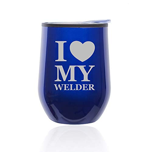 Stemless Wine Tumbler Coffee Travel Mug Glass With Lid I Heart Love My Welder (Blue)