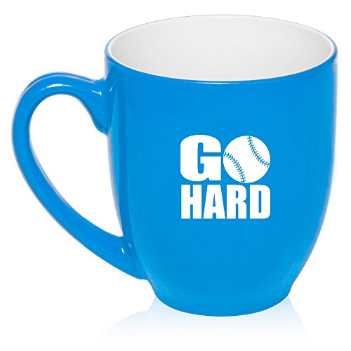 16 oz Large Bistro Mug Ceramic Coffee Tea Glass Cup Go Hard Baseball Softball (Light Blue)