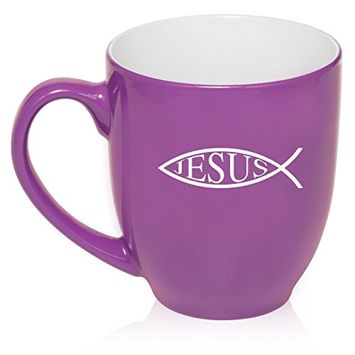 16 oz Large Bistro Mug Ceramic Coffee Tea Glass Cup Jesus Fish (Purple)