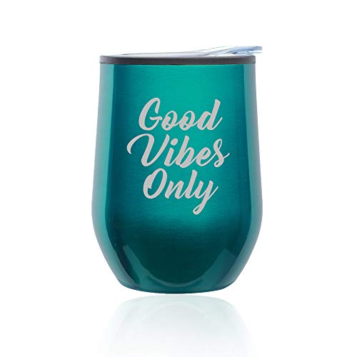 Stemless Wine Tumbler Coffee Travel Mug Glass With Lid Good Vibes Only (Turquoise Teal)