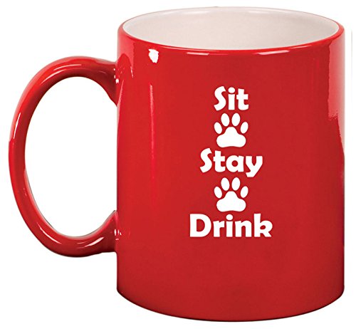 Ceramic Coffee Tea Mug Cup Sit Stay Drink Funny Paw Prints Dog Cat Animal Lover (Red)