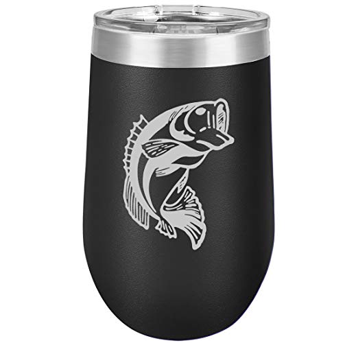 16 oz Double Wall Vacuum Insulated Stainless Steel Stemless Wine Tumbler Glass Coffee Travel Mug With Lid Bass Fish (Black)