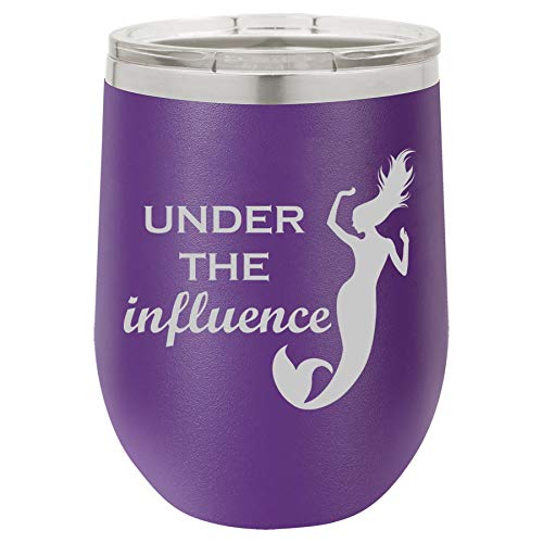 12 oz Double Wall Vacuum Insulated Stainless Steel Stemless Wine Tumbler Glass Coffee Travel Mug With Lid Under The Influence Mermaid Funny (Purple)
