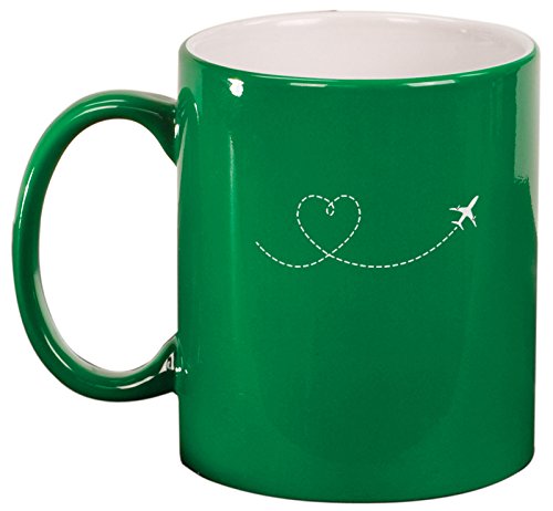 Ceramic Coffee Tea Mug Heart Love Travel Airplane (Green)