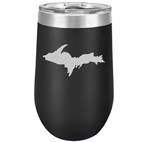 16 oz Double Wall Vacuum Insulated Stainless Steel Stemless Wine Tumbler Glass Coffee Travel Mug With Lid Upper Peninsula Michigan (Black)
