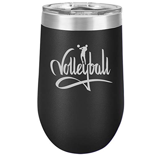 16 oz Double Wall Vacuum Insulated Stainless Steel Stemless Wine Tumbler Glass Coffee Travel Mug With Lid Volleyball Calligraphy (Black)