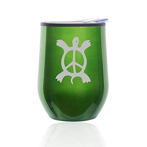 Stemless Wine Tumbler Coffee Travel Mug Glass With Lid Turtle Peace Sign (Green)