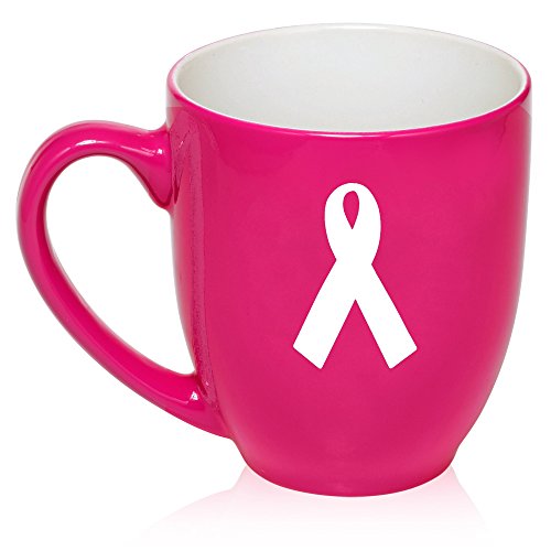 16 oz Hot Pink Large Bistro Mug Ceramic Coffee Tea Glass Cup Cancer Awareness Ribbon