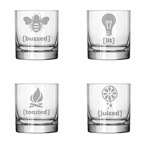 Set of 4 Glass 11 oz Rocks Whiskey Highball Funny Drunk Buzzed Lit Toasted Juiced