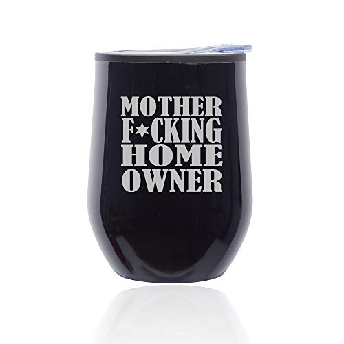 Stemless Wine Tumbler Coffee Travel Mug Glass With Lid Mother F ing Home Owner House Warming (Midnight Black)