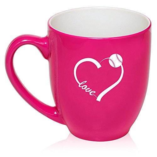 16 oz Large Bistro Mug Ceramic Coffee Tea Glass Cup Love Heart Baseball Softball (Hot Pink)