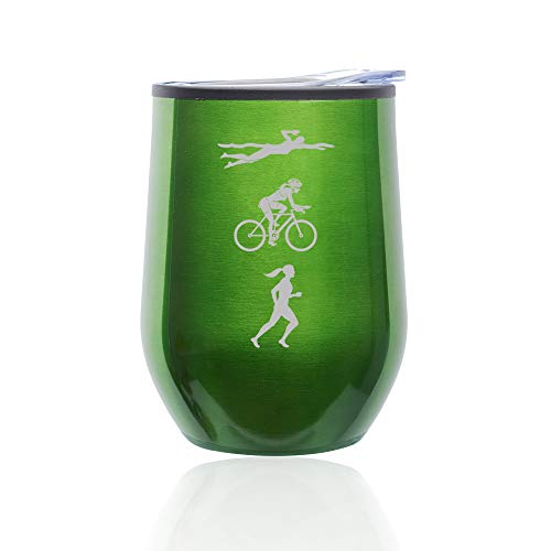 Stemless Wine Tumbler Coffee Travel Mug Glass With Lid Female Triathlon Swim Bike Run (Green)