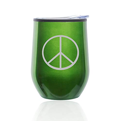 Stemless Wine Tumbler Coffee Travel Mug Glass With Lid Peace Sign (Green)