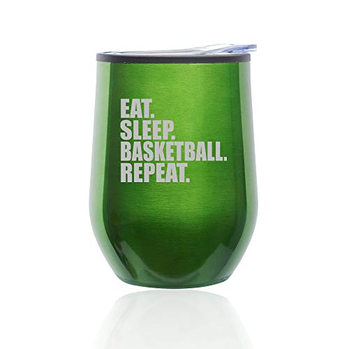 Stemless Wine Tumbler Coffee Travel Mug Glass With Lid Eat Sleep Basketball Repeat (Green)
