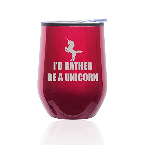 Stemless Wine Tumbler Coffee Travel Mug Glass With Lid I'd Rather Be A Unicorn (Fuchsia)
