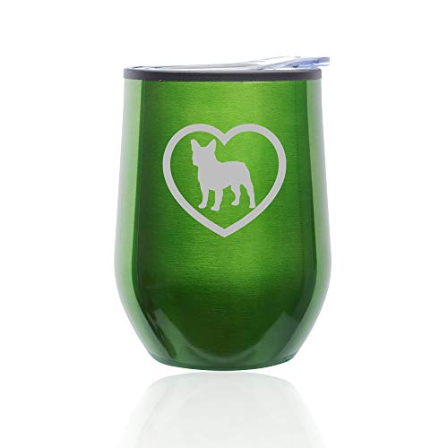Stemless Wine Tumbler Coffee Travel Mug Glass With Lid French Bulldog Heart (Green)