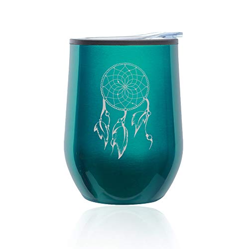 Stemless Wine Tumbler Coffee Travel Mug Glass With Lid Dreamcatcher With Feathers (Turquoise Teal)
