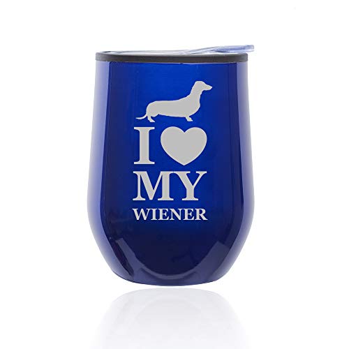 Stemless Wine Tumbler Coffee Travel Mug Glass With Lid I Love My Wiener Dachshund (Blue)