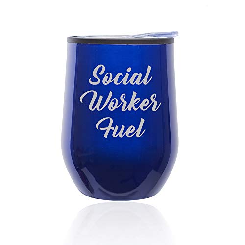 Stemless Wine Tumbler Coffee Travel Mug Glass With Lid Social Worker Fuel (Blue)