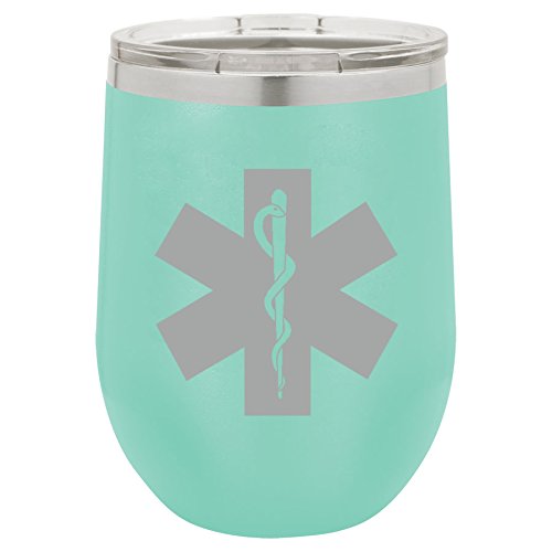 12 oz Double Wall Vacuum Insulated Stainless Steel Stemless Wine Tumbler Glass Coffee Travel Mug With Lid Star Of Life EMT Paramedic (Teal)