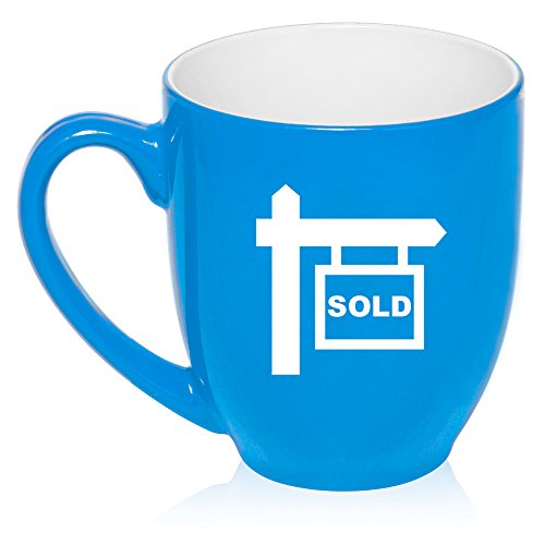 16 oz Large Bistro Mug Ceramic Coffee Tea Glass Cup Real Estate Agent Broker Realtor Sold (Light Blue)