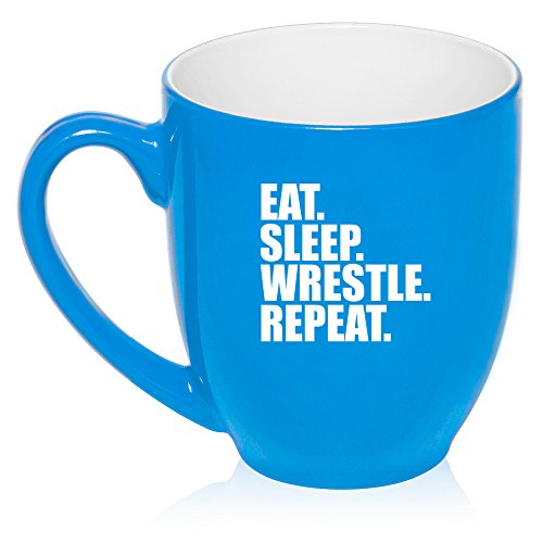 16 oz Large Bistro Mug Ceramic Coffee Tea Glass Cup Eat Sleep Wrestle Repeat (Light Blue)