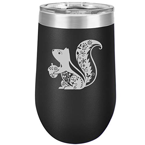 16 oz Double Wall Vacuum Insulated Stainless Steel Stemless Wine Tumbler Glass Coffee Travel Mug With Lid Fancy Squirrel (Black)