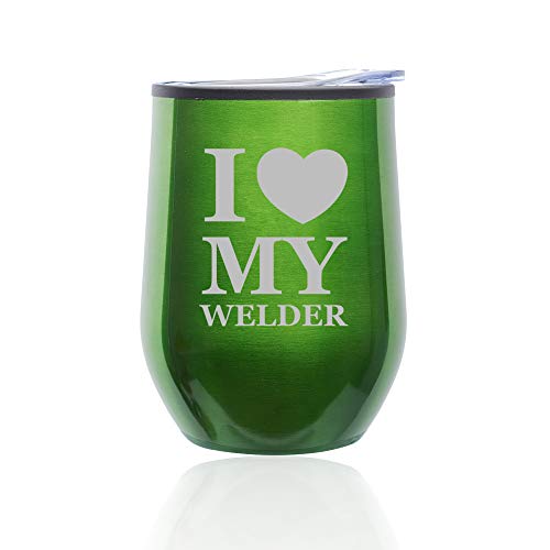 Stemless Wine Tumbler Coffee Travel Mug Glass With Lid I Heart Love My Welder (Green)