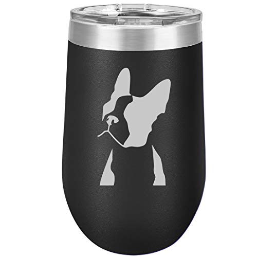 16 oz Double Wall Vacuum Insulated Stainless Steel Stemless Wine Tumbler Glass Coffee Travel Mug With Lid Boston Terrier Face (Black)