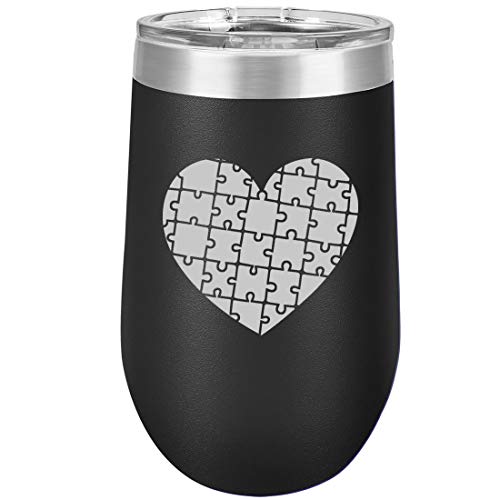 16 oz Double Wall Vacuum Insulated Stainless Steel Stemless Wine Tumbler Glass Coffee Travel Mug With Lid Heart Puzzle Autism