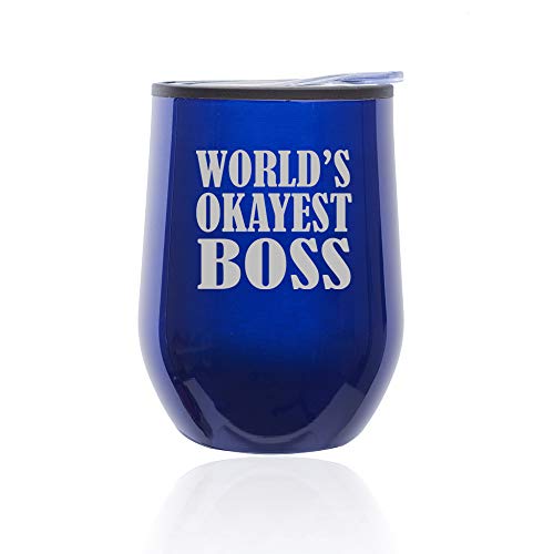Stemless Wine Tumbler Coffee Travel Mug Glass With Lid World's Okayest Boss (Blue)