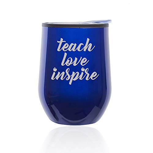 Stemless Wine Tumbler Coffee Travel Mug Glass With Lid Teach Love Inspire Teacher (Blue)