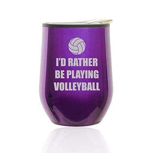 Stemless Wine Tumbler Coffee Travel Mug Glass With Lid I'd Rather Be Playing Volleyball (Royal Purple)