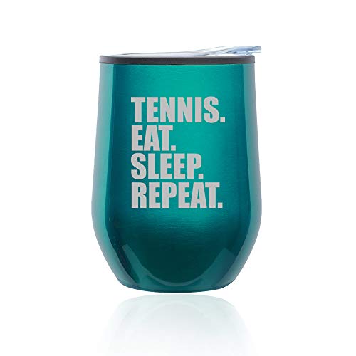 Stemless Wine Tumbler Coffee Travel Mug Glass With Lid Tennis Eat Sleep Repeat (Turquoise Teal)