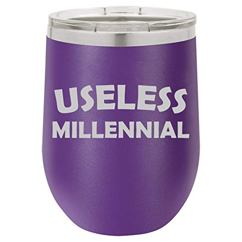 12 oz Double Wall Vacuum Insulated Stainless Steel Stemless Wine Tumbler Glass Coffee Travel Mug With Lid Useless Millennial Funny (Purple)