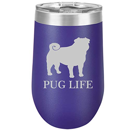 16 oz Double Wall Vacuum Insulated Stainless Steel Stemless Wine Tumbler Glass Coffee Travel Mug With Lid Pug Life (Purple)