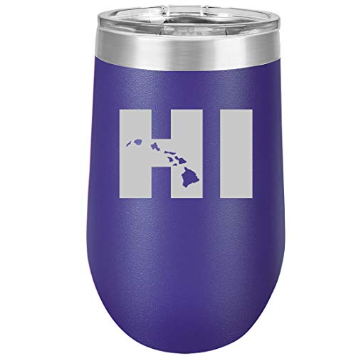 16 oz Double Wall Vacuum Insulated Stainless Steel Stemless Wine Tumbler Glass Coffee Travel Mug With Lid HI Hawaiian Islands Hawaii (Purple)