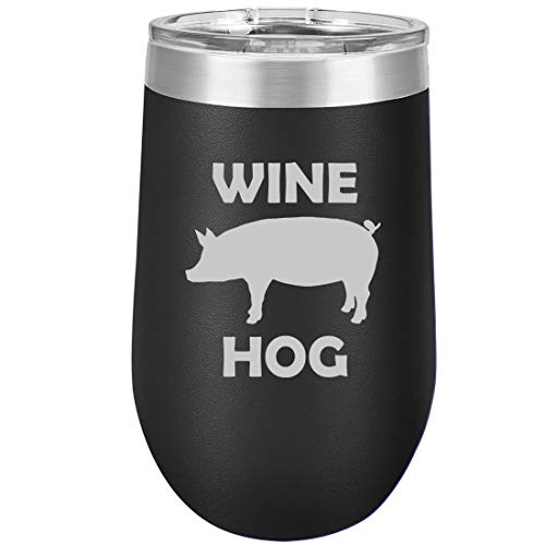 16 oz Double Wall Vacuum Insulated Stainless Steel Stemless Wine Tumbler Glass Coffee Travel Mug With Lid Wine Hog Pig Funny (Black)