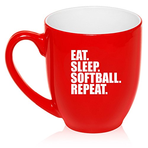 16 oz Large Bistro Mug Ceramic Coffee Tea Glass Cup Eat Sleep Softball Repeat (Red)